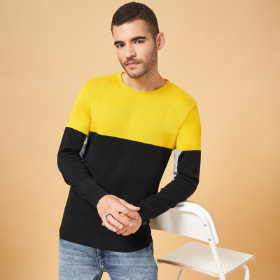 PEOPLE Self Design Round Neck Casual Men Yellow, Black Sweater