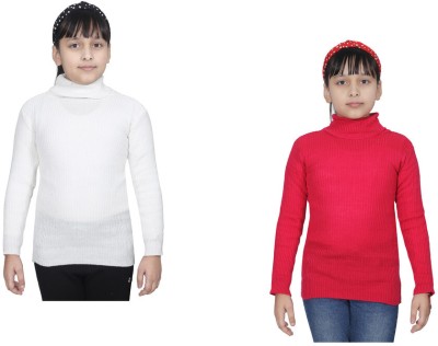 IndiWeaves Solid High Neck Casual Girls White, Pink Sweater