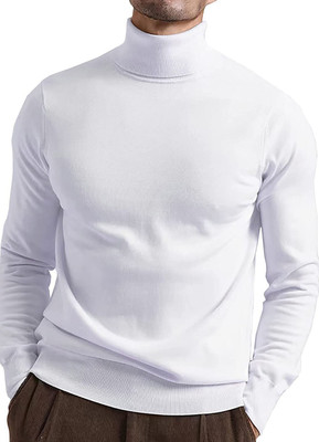 Opaline Trend Solid High Neck Casual Men White Sweater