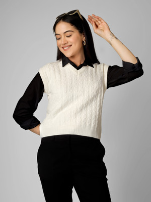 DREAMDIVA Striped V Neck Casual Women White Sweater