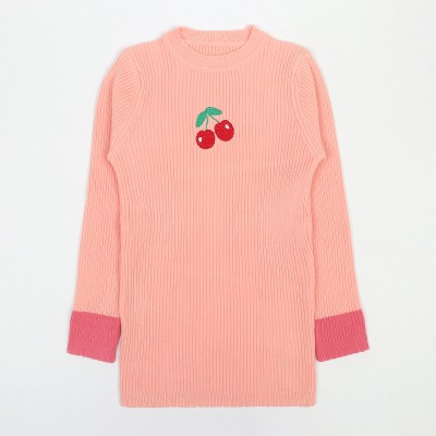 Knitco Self Design Round Neck Casual Girls Pink Sweater