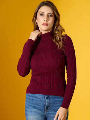 98 Degree North Striped High Neck Casual Women Maroon Sweater