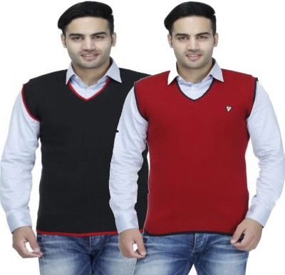 ARTHOMEINDIA Solid V Neck Casual Men Black, Red Sweater