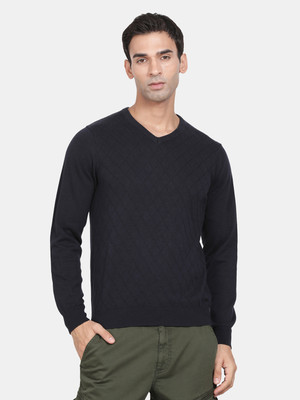 t-base Solid V Neck Casual Men Dark Blue Sweater