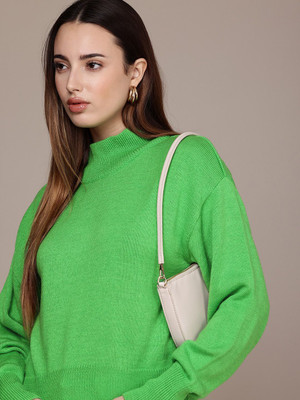 French Connection Self Design High Neck Casual Women Green Sweater
