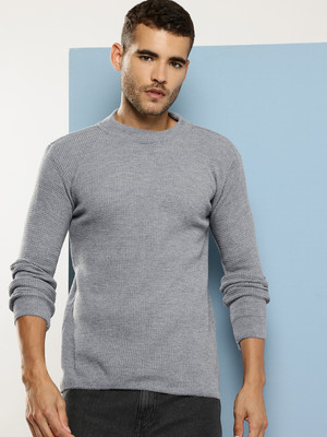 Roadster Self Design Round Neck Casual Men Grey Sweater
