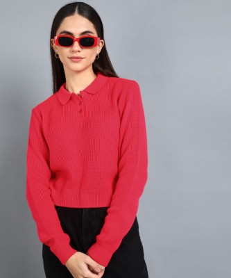 METRONAUT Woven Collared Neck Casual Women Pink Sweater