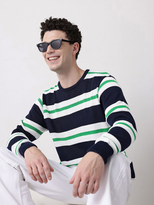 Mast & Harbour Striped Round Neck Casual Men Blue Sweater