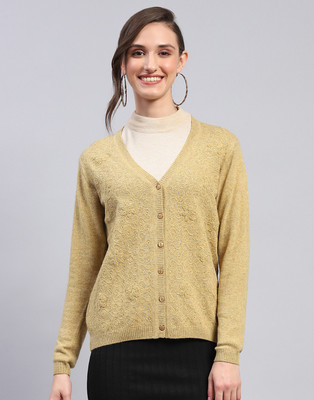 MONTE CARLO Self Design V Neck Casual Women Yellow Sweater