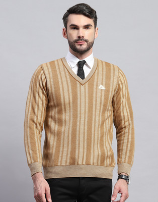 MONTE CARLO Striped V Neck Casual Men Beige Sweater