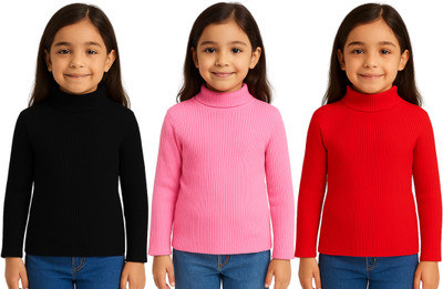 Chiclift Solid High Neck Casual Baby Girls Black, Pink, Red Sweater