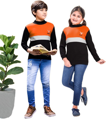 Little Funky Colorblock High Neck Casual Boys & Girls Orange Sweater