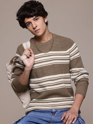 Roadster Striped Round Neck Casual Men Brown Sweater