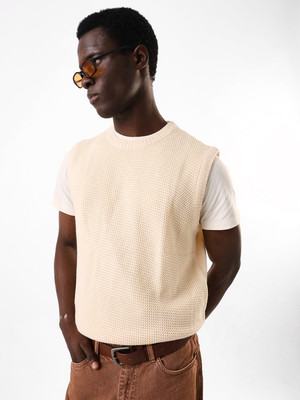 High Star Solid Round Neck Casual Men White Sweater