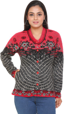 WOOL 4U Floral Print V Neck Casual Women Black Sweater