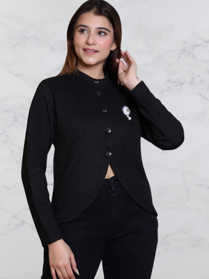 Urban Street Solid Mandarin Neck Casual Women Black Sweater
