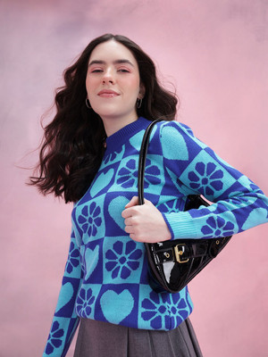 Dressberry Self Design Round Neck Casual Women Blue Sweater