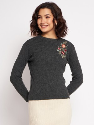 CLAPTON Embroidered Round Neck Casual Women Grey Sweater