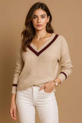 Flora fab by rashmi Solid V Neck Casual Women Beige Sweater