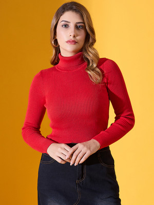 98 Degree North Self Design High Neck Casual Women Orange Sweater