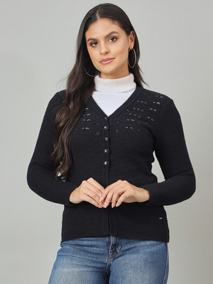 DUKE Self Design V Neck Casual Women Black Sweater