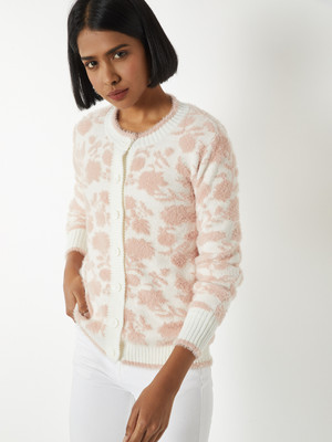 MAX Printed Round Neck Casual Women Pink, Beige Sweater