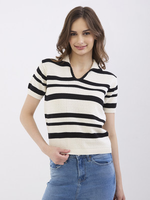 Spykar Striped Collared Neck Casual Women White Sweater