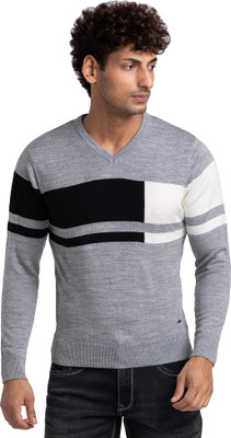 PARX Self Design V Neck Casual Men Grey Sweater