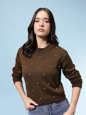 Glitchez Solid Round Neck Casual Women Brown Sweater