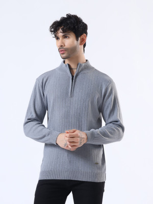 WOOLBERRY Solid High Neck Casual Men Grey Sweater