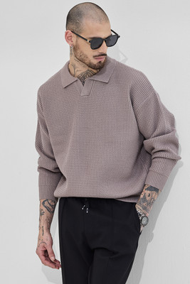 Snitch Self Design Collared Neck Casual Men Brown Sweater