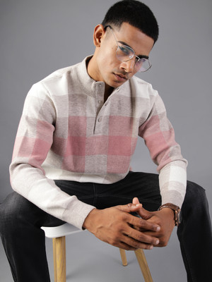 V-MART Self Design Round Neck Casual Men Pink Sweater