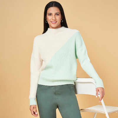 Honey By Pantaloons Colorblock Round Neck Casual Women Light Green Sweater
