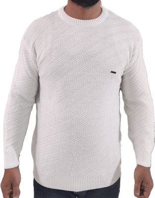 Trendy Threads Self Design Crew Neck Casual Men White Sweater
