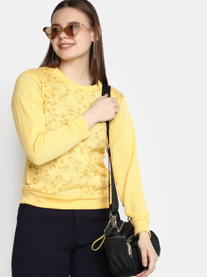V-MART Printed Round Neck Casual Women Yellow Sweater