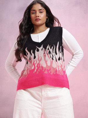 DressBerry Curve Self Design V Neck Casual Women Black Sweater