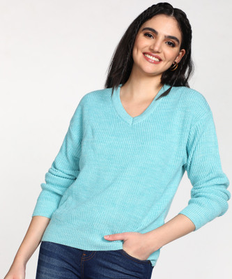 NUMERO UNO Self Design V Neck Casual Women Green Sweater