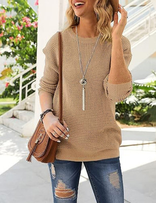 COLORCHAKRA Self Design Round Neck Casual Women Beige Sweater