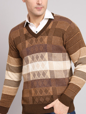 eWools Striped V Neck Casual Men Beige Sweater