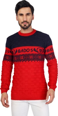 BADOS Printed Round Neck Casual Men Red Sweater