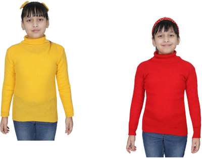 KAVYA Striped High Neck Casual Girls Red, Yellow Sweater