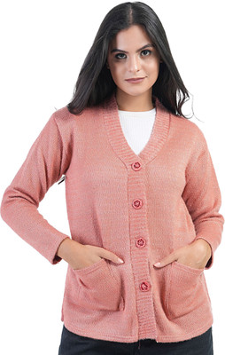 manra Solid V Neck Casual Women Pink Sweater