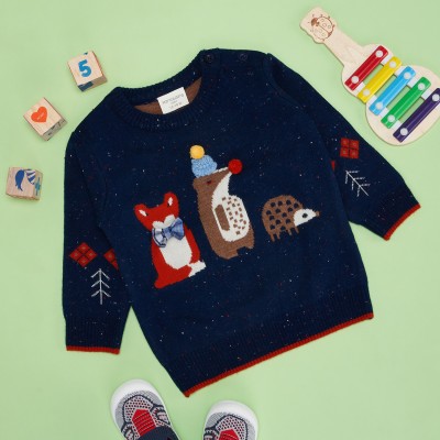 Pantaloons Baby Self Design Round Neck Casual Baby Boys Dark Blue Sweater