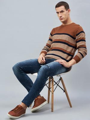 Club York Striped Round Neck Casual Men Orange Sweater