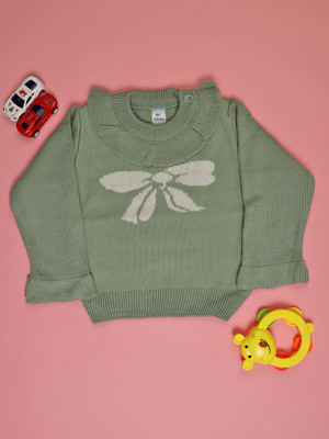V-MART Self Design Round Neck Casual Baby Girls Green Sweater