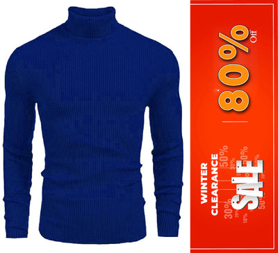Cat Bunny Self Design High Neck Casual Men Blue Sweater