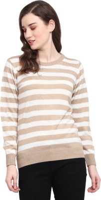 V-MART Striped Round Neck Casual Women Brown, White Sweater