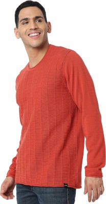 Spykar Printed Round Neck Casual Men Orange Sweater