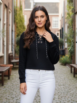 RIGO Solid Hooded Neck Casual Women Black Sweater