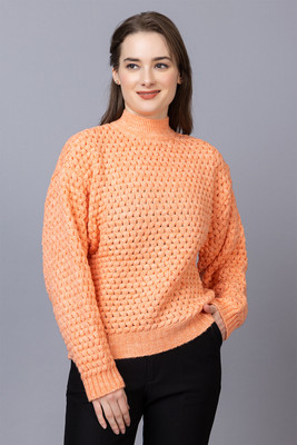 StyleDusk Self Design High Neck Casual Women Orange Sweater